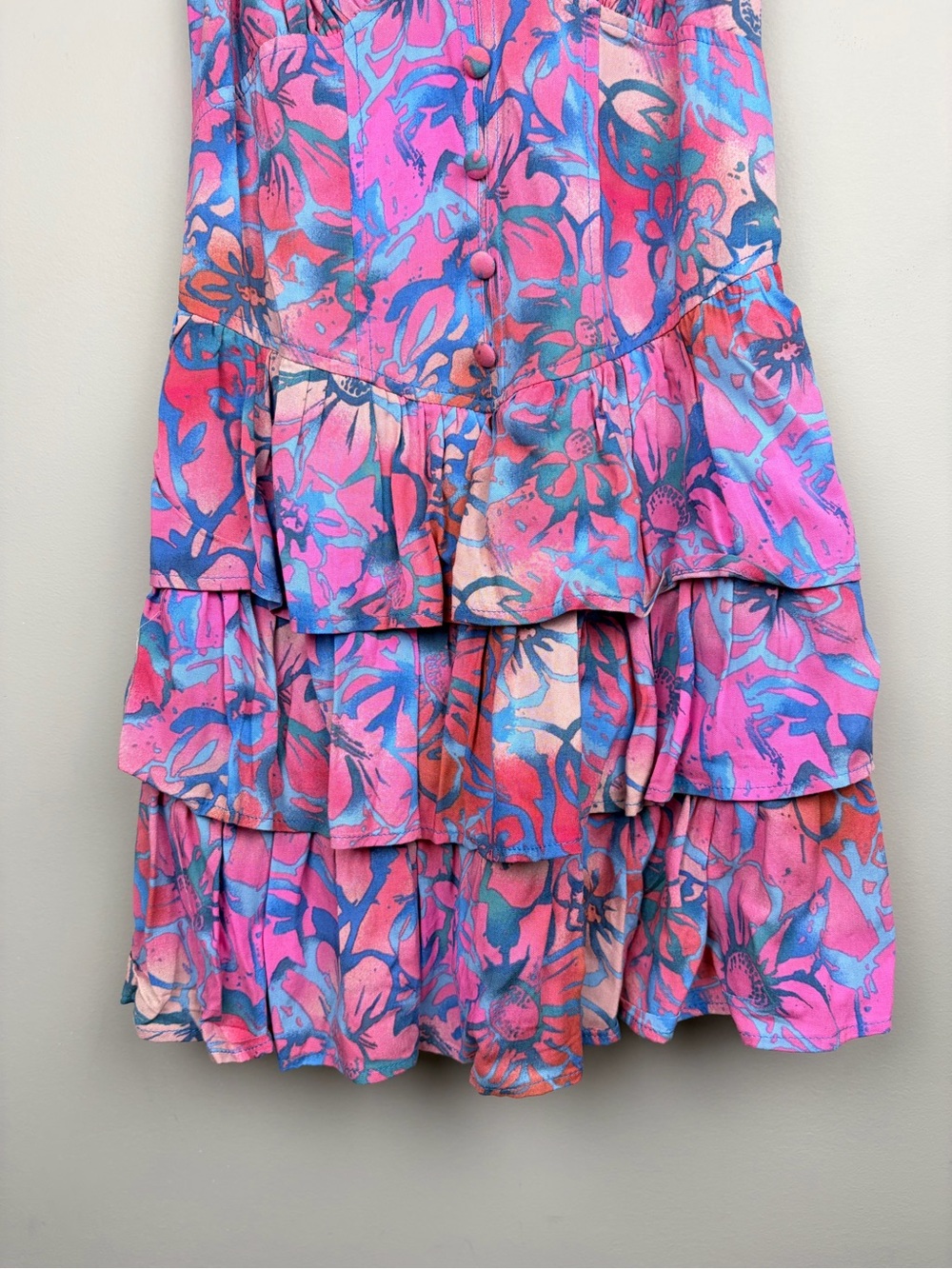 NWT Wild Fable Floral Tiered Mini Dress XXS Pink Blue Button Front Boho - Picture 3 of 9